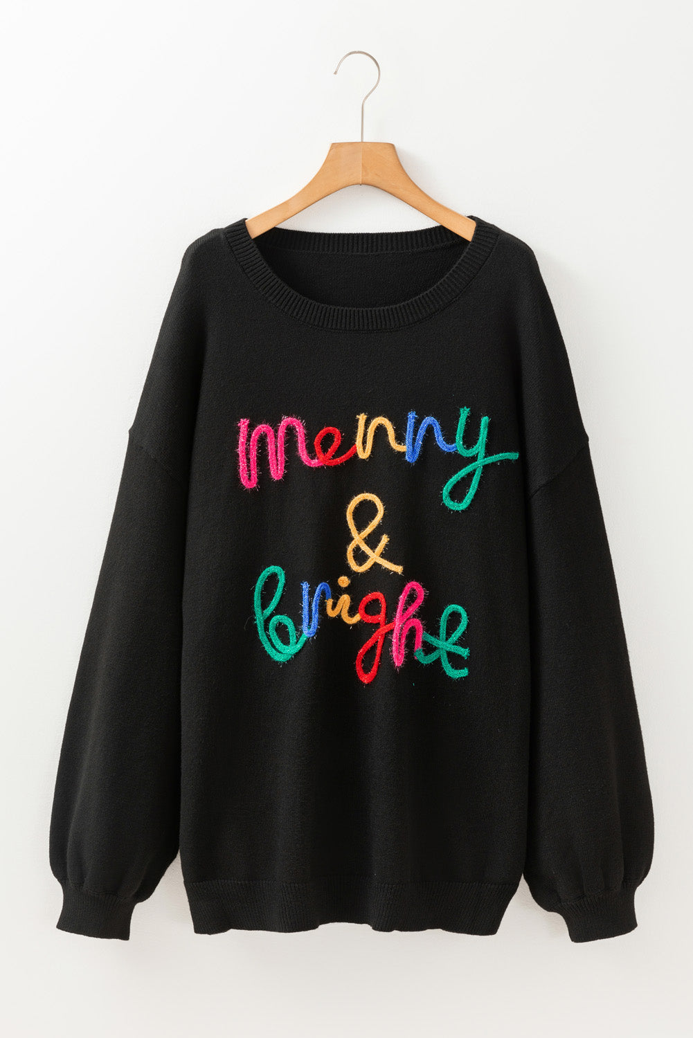 Black Tinsel Merry And Bright Round Neck Plus Size Sweater Dear-Lover Dropshipping